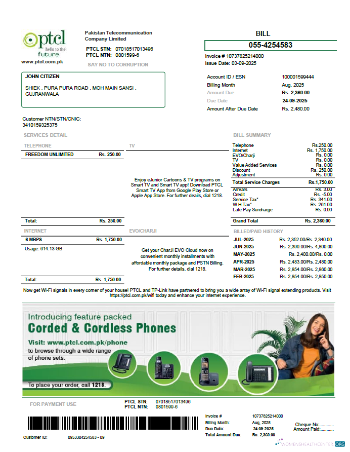 download download Pakistan PTCL utility bill template in Word and PDF formats PDF template PDF template